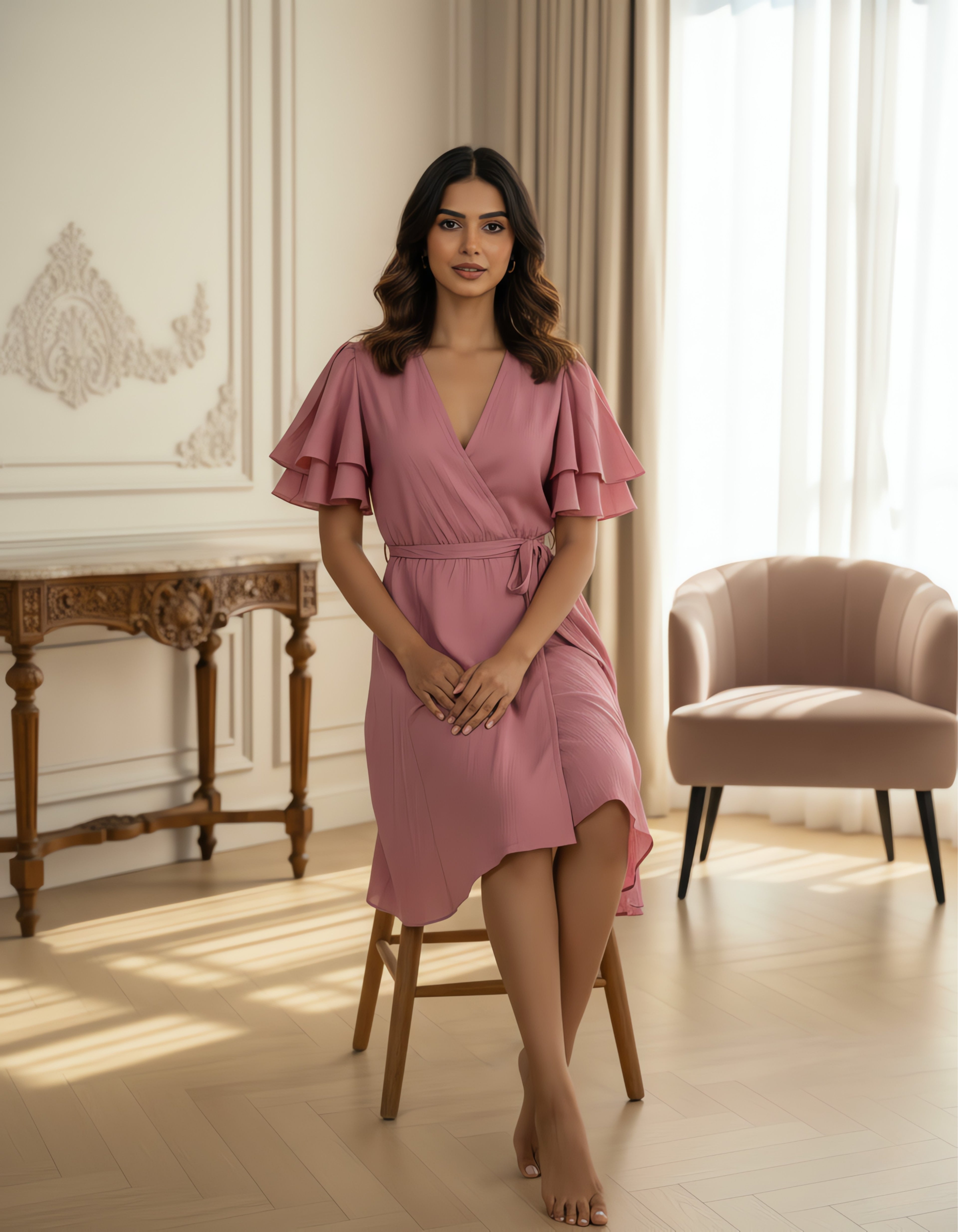 Viigobella Rose Pink Delta Fabric Wrap Dress with Layered Ruffle Sleeves