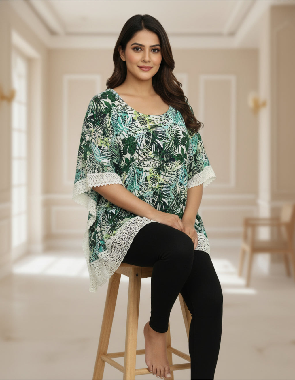 Leafy Printed Kaftan Top with Lace Border | Elegant Casual Wear | Viigobella