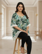 Leafy Printed Kaftan Top with Lace Border | Elegant Casual Wear | Viigobella