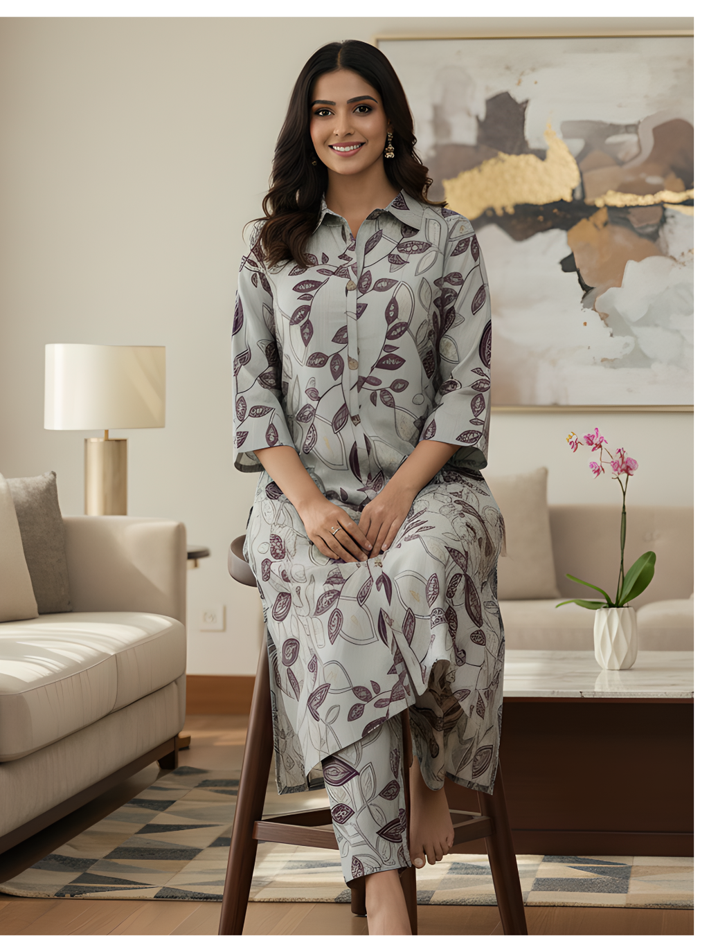 Grey Leaf Print Long Shirt Co-ord Set for Women