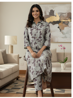 Grey Leaf Print Long Shirt Co-ord Set for Women