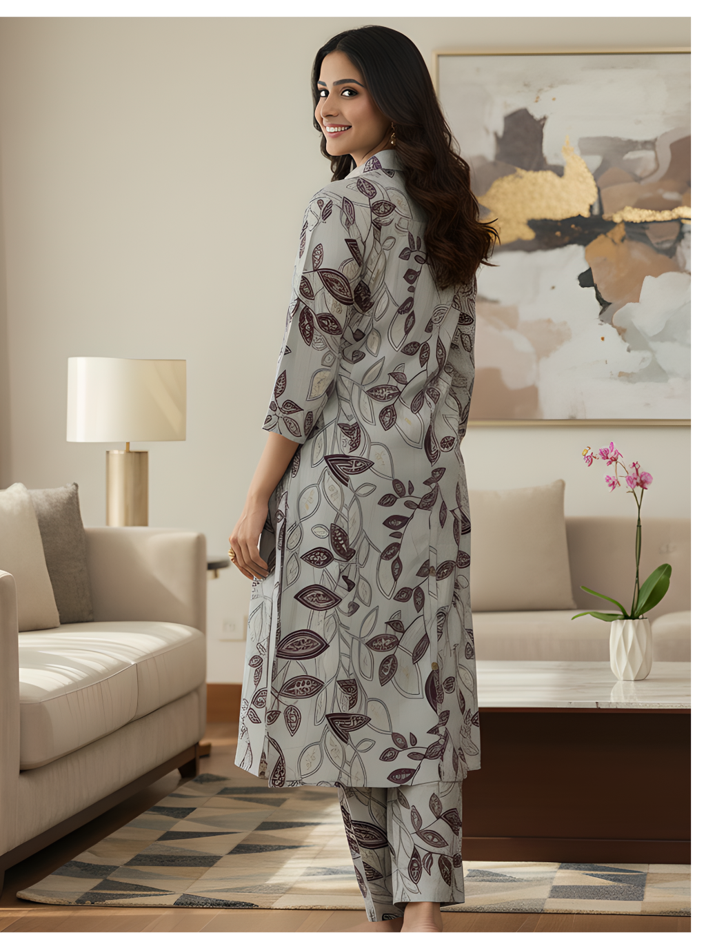 Grey Leaf Print Long Shirt Co-ord Set for Women