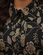 Viigobella Vertigen Fabric Black Botanical Printed Shirt-Style Long Dress