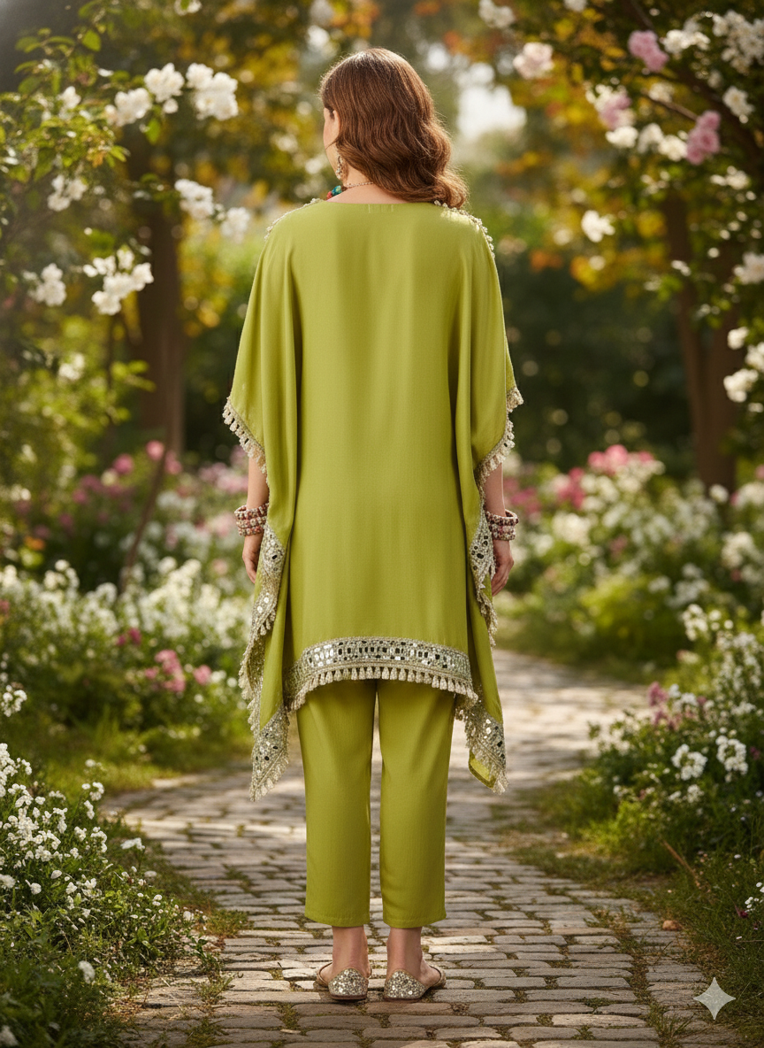 ViigoBella Rayon Mirror-Work Kaftan Kurti & Pant Set – Lime Green Festive Edition