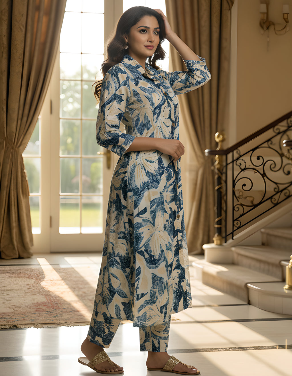 Blue & Cream Floral Long Shirt Kurta Co-ord Set in Kasturi Silk – Viigobella
