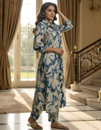 Blue & Cream Floral Long Shirt Kurta Co-ord Set in Kasturi Silk – Viigobella