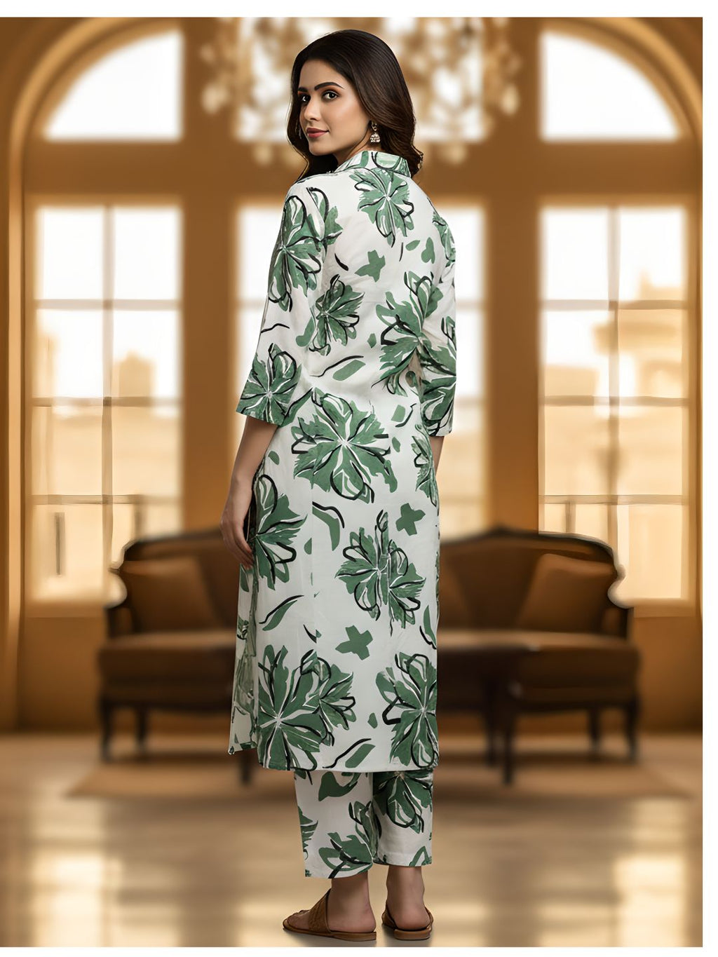 Green Floral Long Shirt Co-ord Set for Women