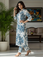 Blue Floral Long Shirt Co-ord Set for Women