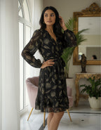 Black Georgette Lurex Floral Wrap Dress with Tiered Hem