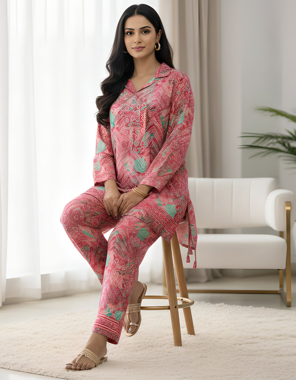 Pink & Aqua Printed Kasturi Silk Cord Set for Women