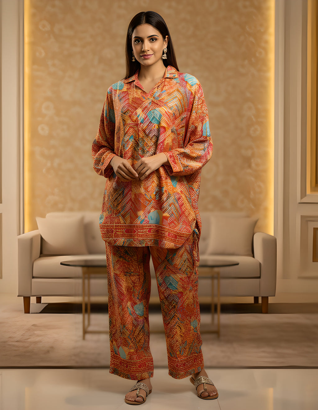 Rust Orange Printed Kasturi Silk Cord Set for Women