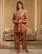 Rust Orange Printed Kasturi Silk Cord Set for Women