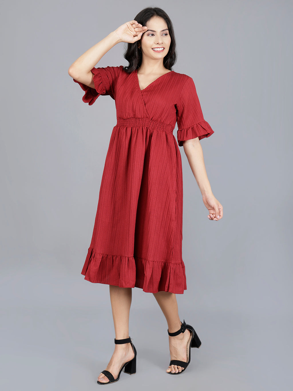 Viigobella Women’s Wrap Midi Dress in Maroon Sugarcane Fabric