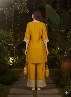 ViigoBella Vertigan Fabric Embroidered Short Kurti & Pant Set with Potli – Mustard Festive Edition