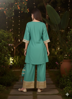 ViigoBella Vertigan Fabric Embroidered Short Kurti & Pant Set with Potli – Mint Festive Edition