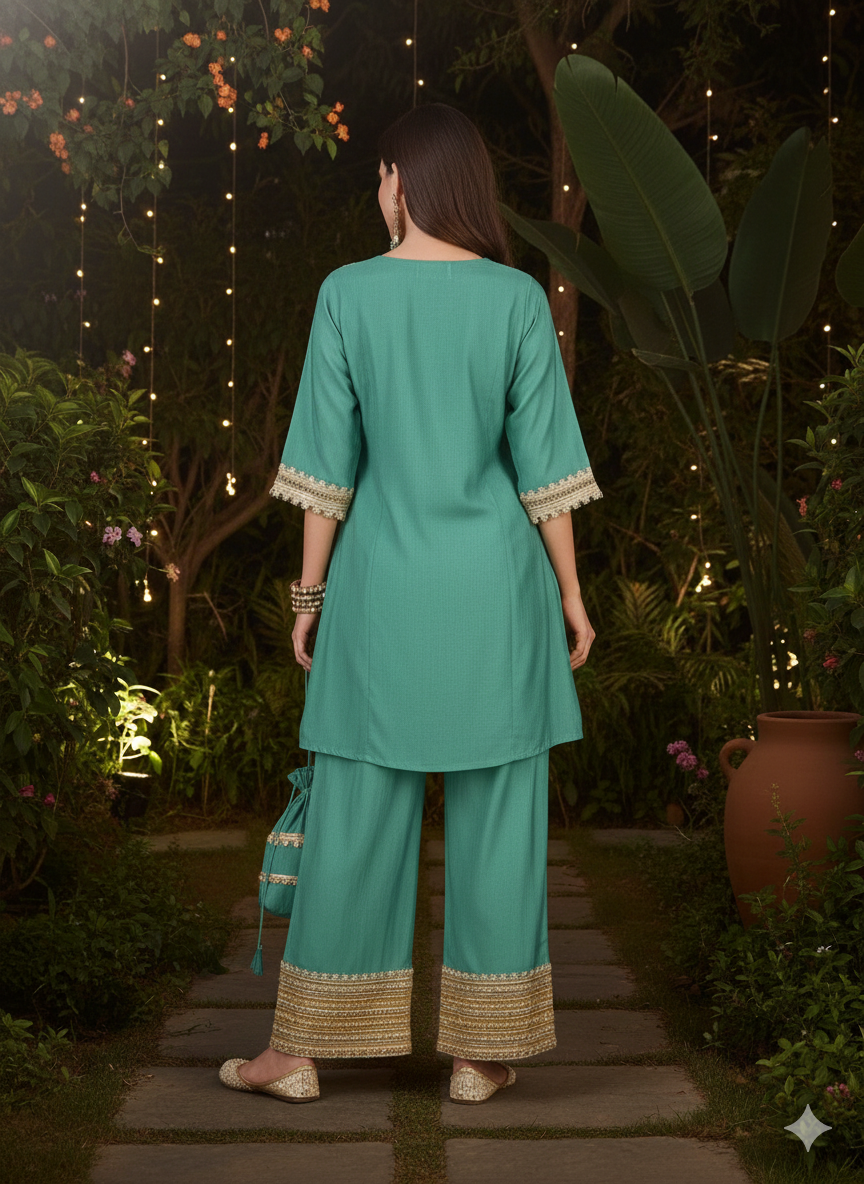 ViigoBella Vertigan Fabric Embroidered Short Kurti & Pant Set with Potli – Mint Festive Edition