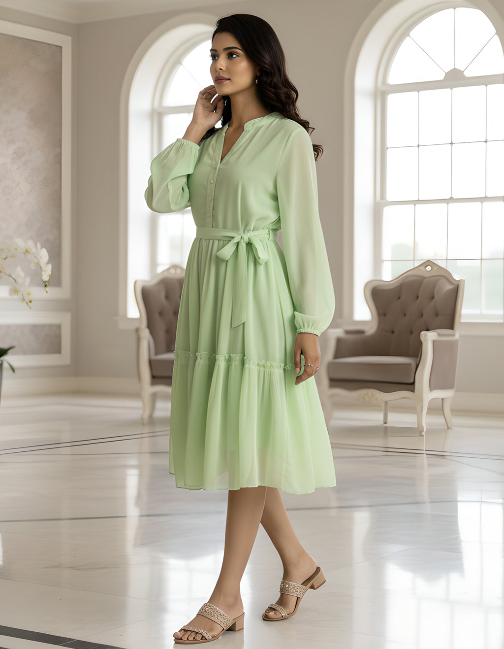 Elegant Solid Georgette Midi Dress with Belt & Full Sleeves