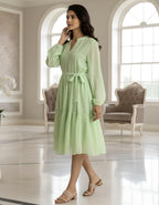 Elegant Solid Georgette Midi Dress with Belt & Full Sleeves