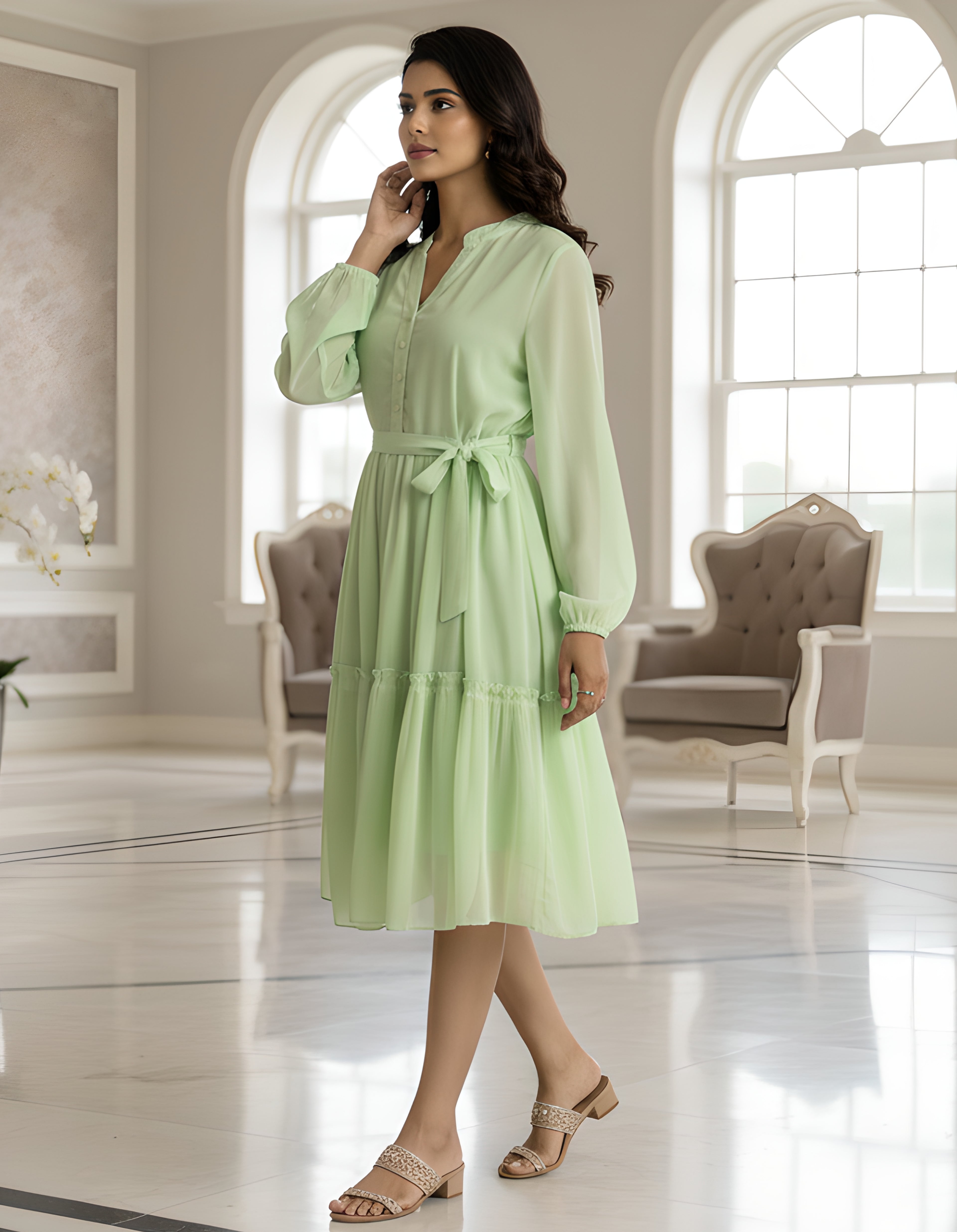 Elegant Solid Georgette Midi Dress with Belt & Full Sleeves