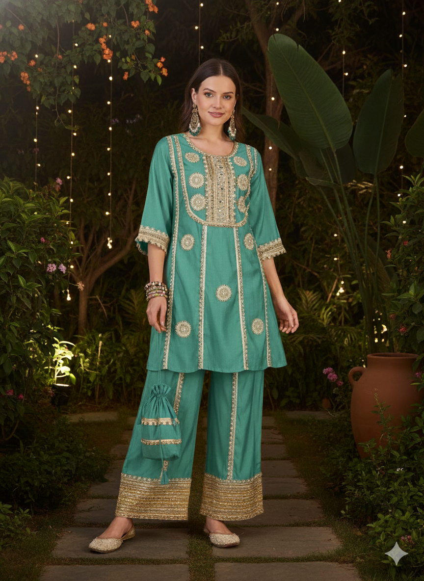ViigoBella Vertigan Fabric Embroidered Short Kurti & Pant Set with Potli – Mint Festive Edition