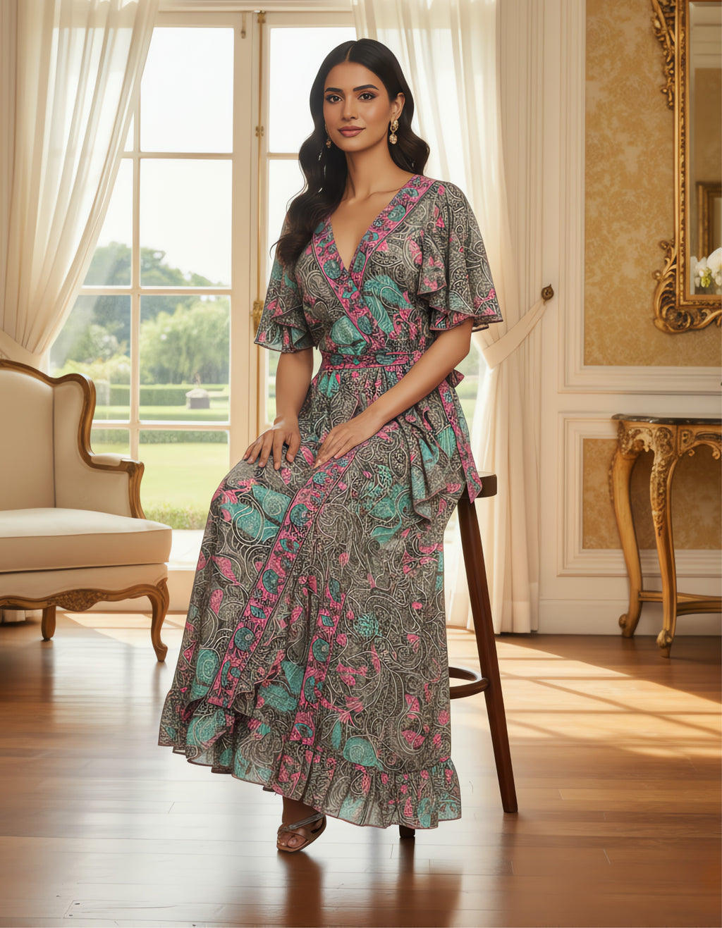 Viigobella Kasturi Silk Grey Multicolor Wrap-Style Maxi Dress