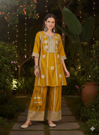 ViigoBella Vertigan Fabric Embroidered Short Kurti & Pant Set with Potli – Mustard Festive Edition