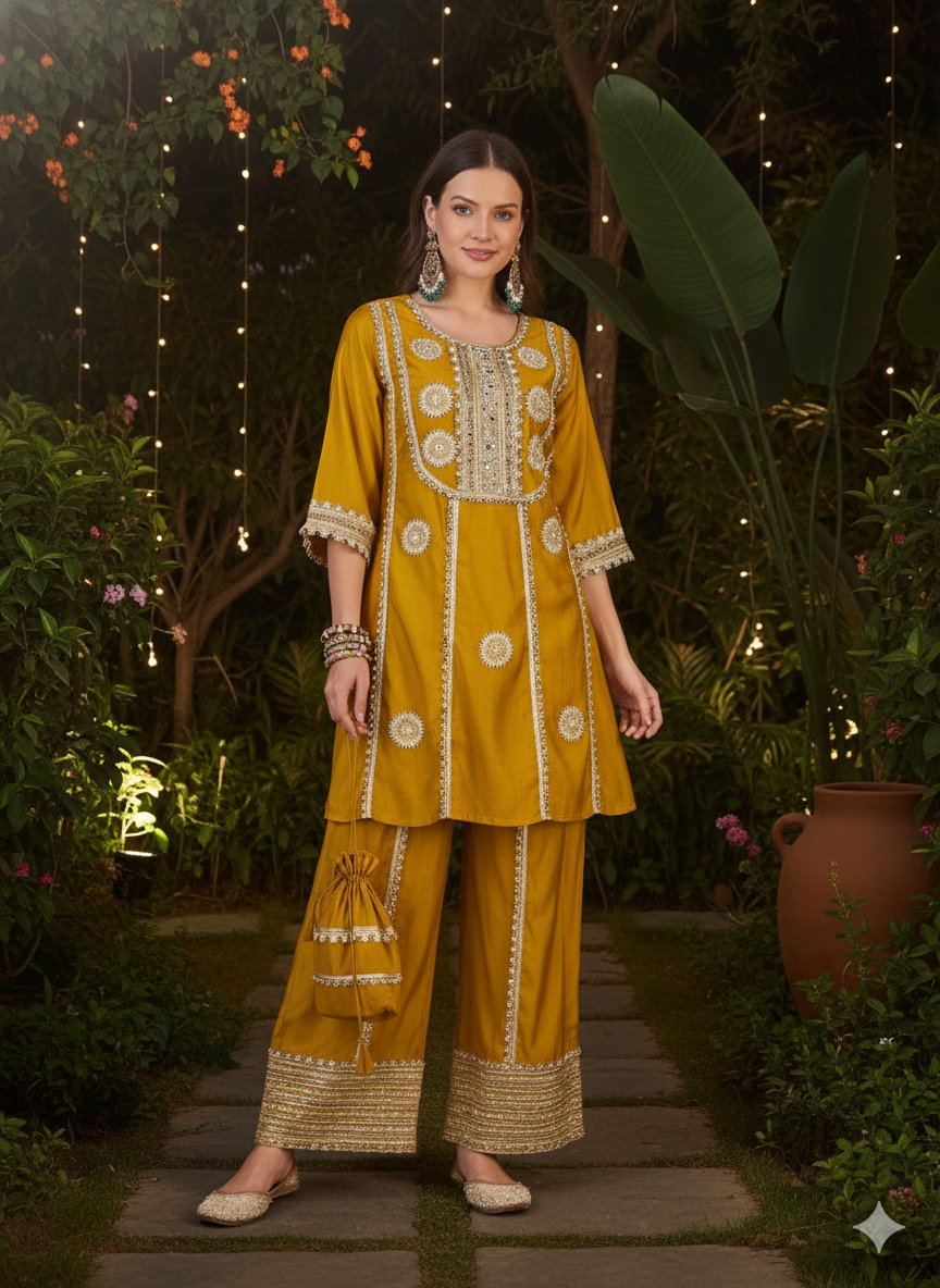 ViigoBella Vertigan Fabric Embroidered Short Kurti & Pant Set with Potli – Mustard Festive Edition