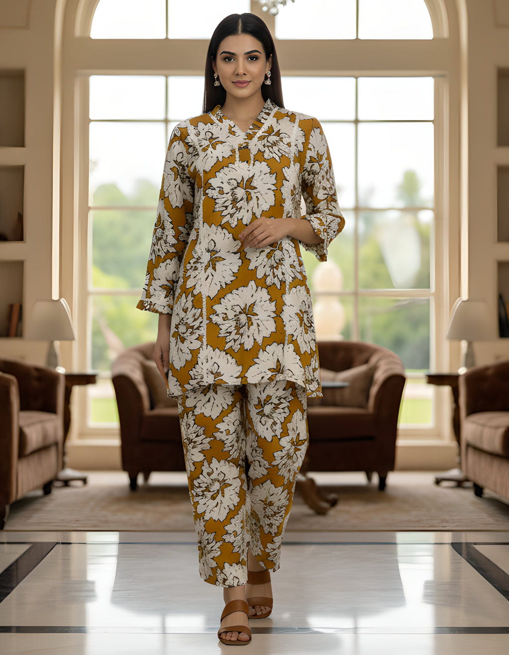 Women’s Mustard Floral Printed Co-ord Set – Vertigen Fabric