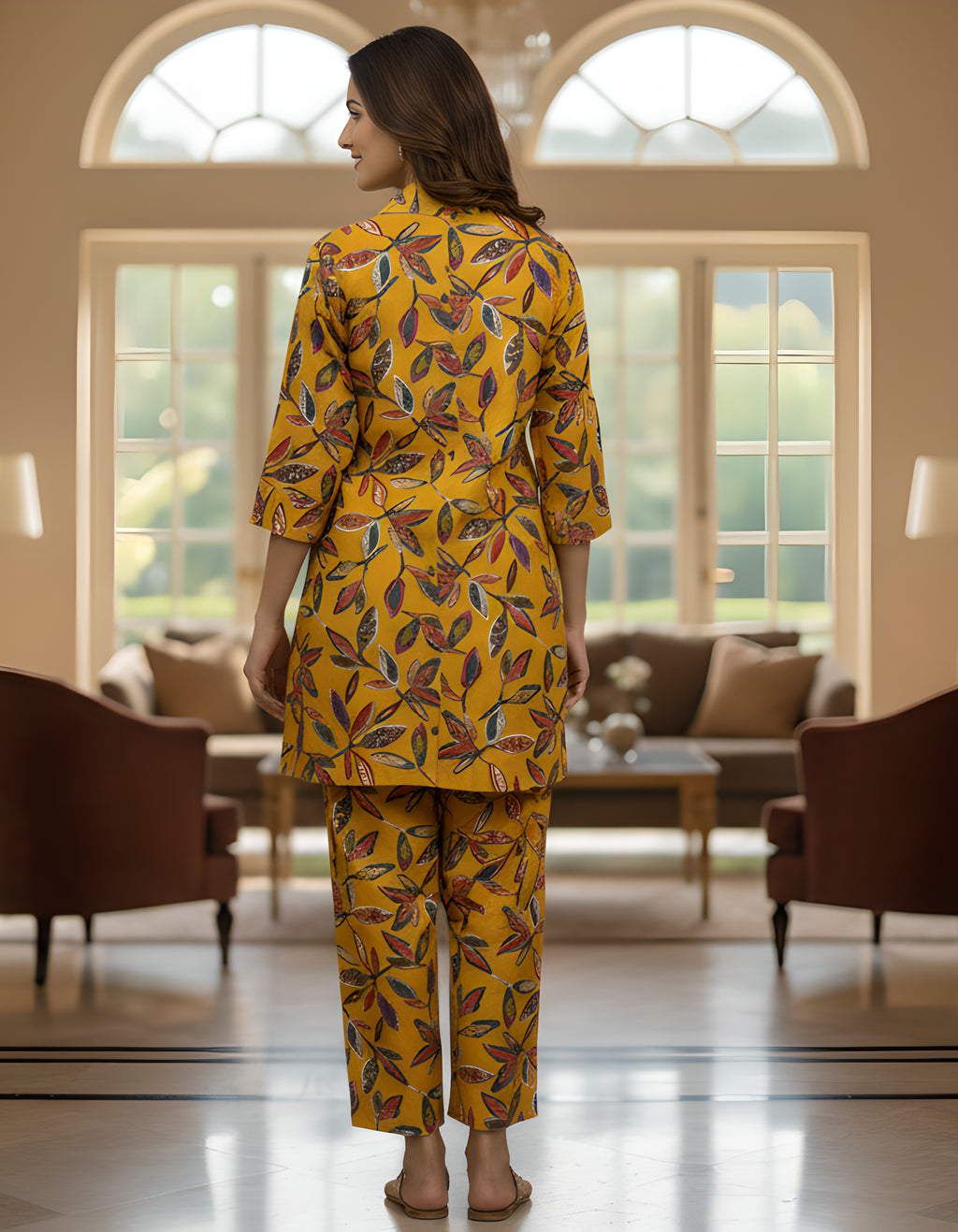 Women’s Mustard Leaf Printed Co-ord Set – Vertigen Fabric