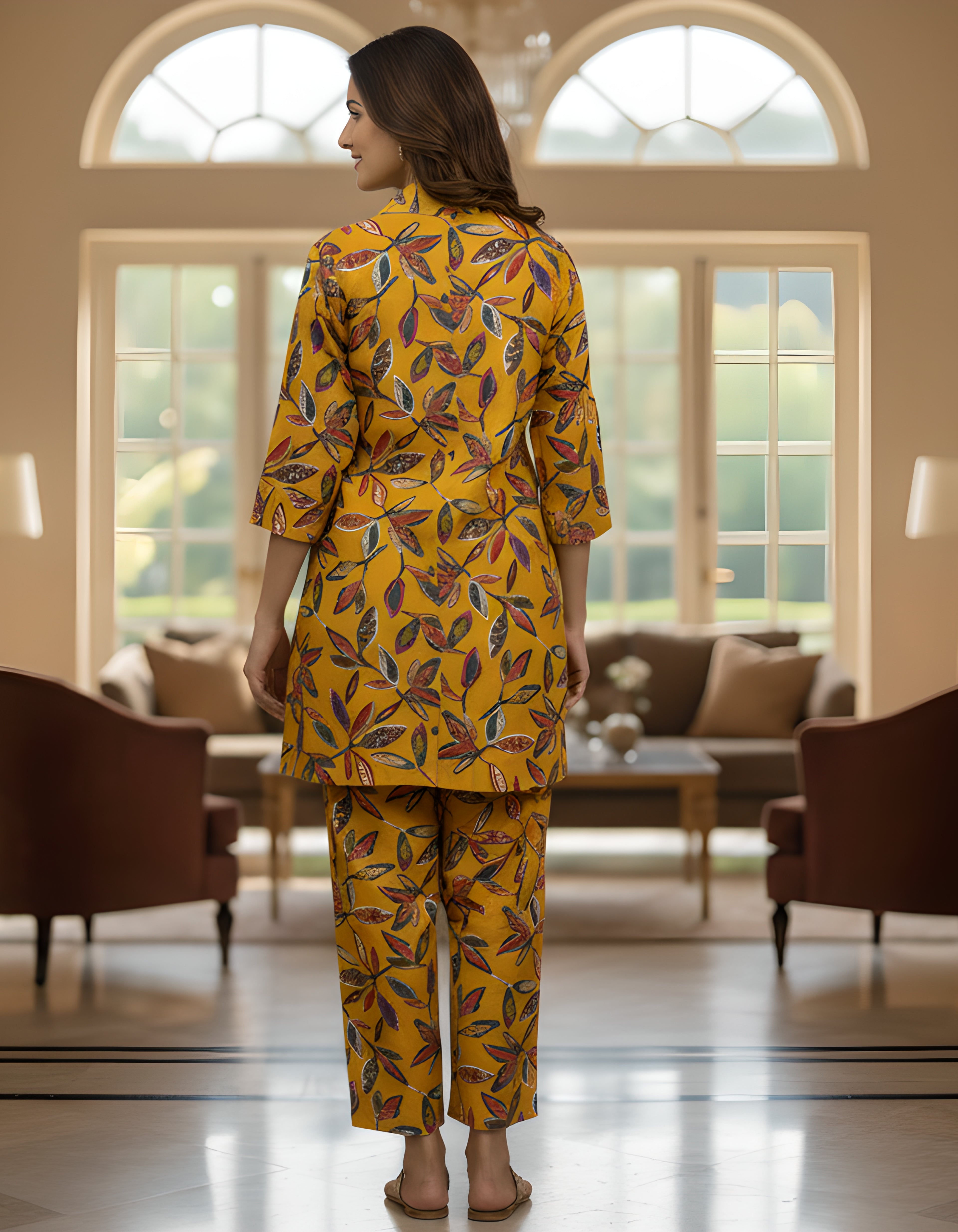 Women’s Mustard Leaf Printed Co-ord Set – Vertigen Fabric