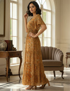 Viigobella Kasturi Silk Mustard Paisley Printed Smocked Waist Maxi Dress