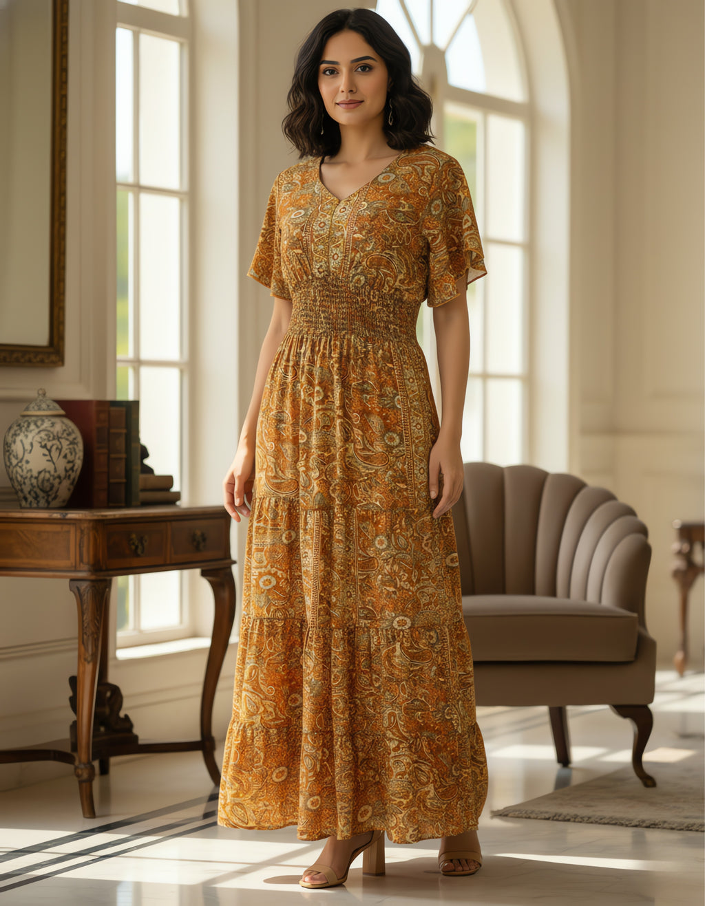 Viigobella Kasturi Silk Mustard Paisley Printed Smocked Waist Maxi Dress