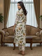 Olive Leaf Print Long Shirt Co-ord Set for Women