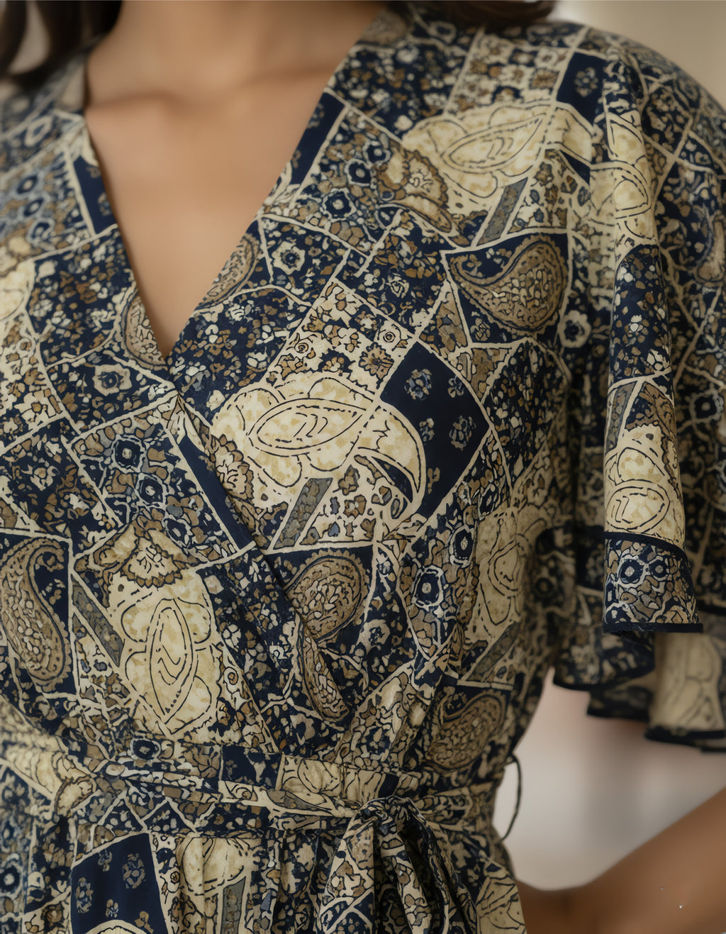 Viigobella  Rayon Crepe Printed Short Flared Dress with Ruffle Sleeves