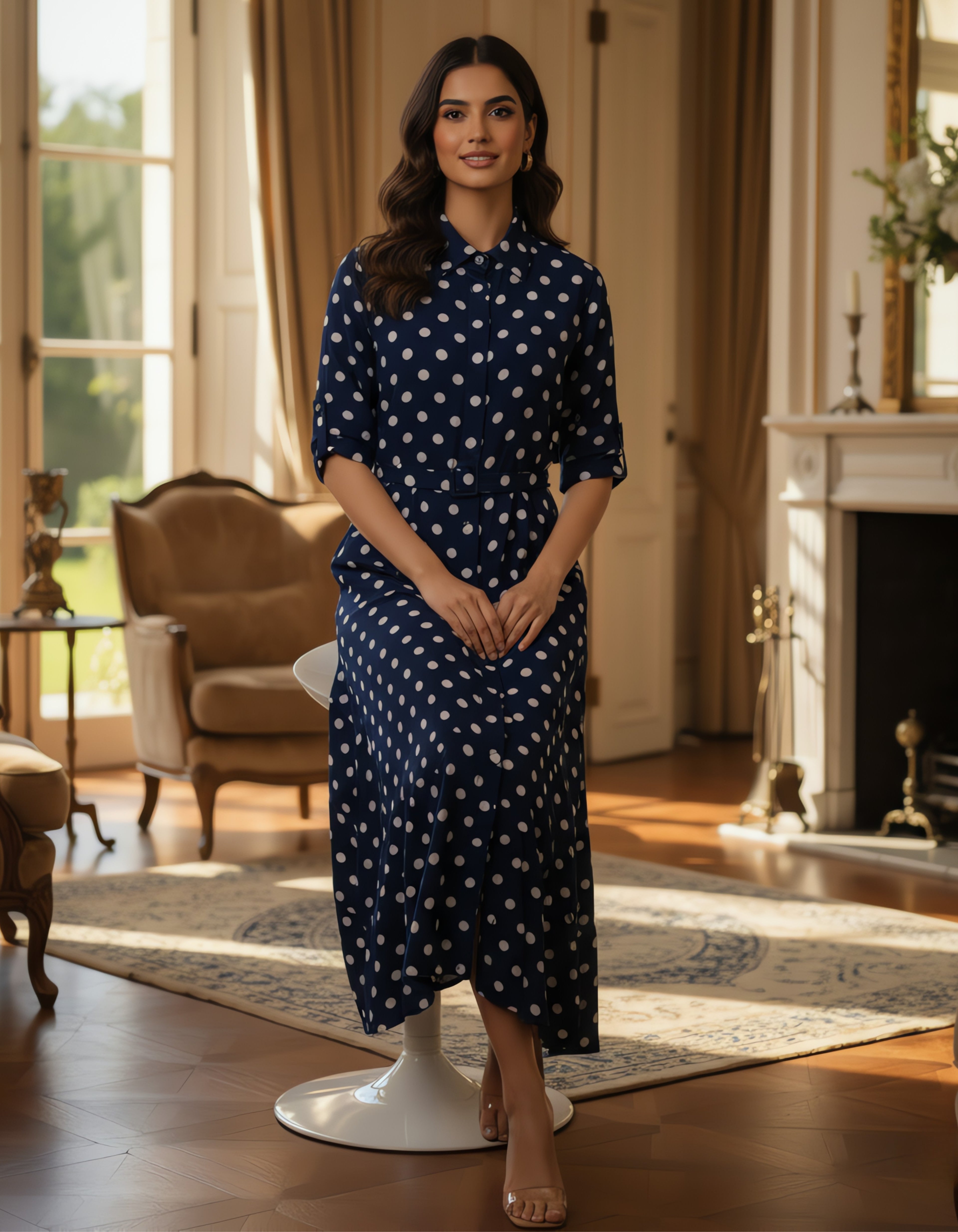 Viigobella Navy Polka Dot Crepe Button-Down Maxi Dress