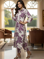 Purple Floral Long Shirt Co-ord Set for Women