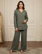 Women’s Premium Olive Green Textured Button-Down Co-ord Set