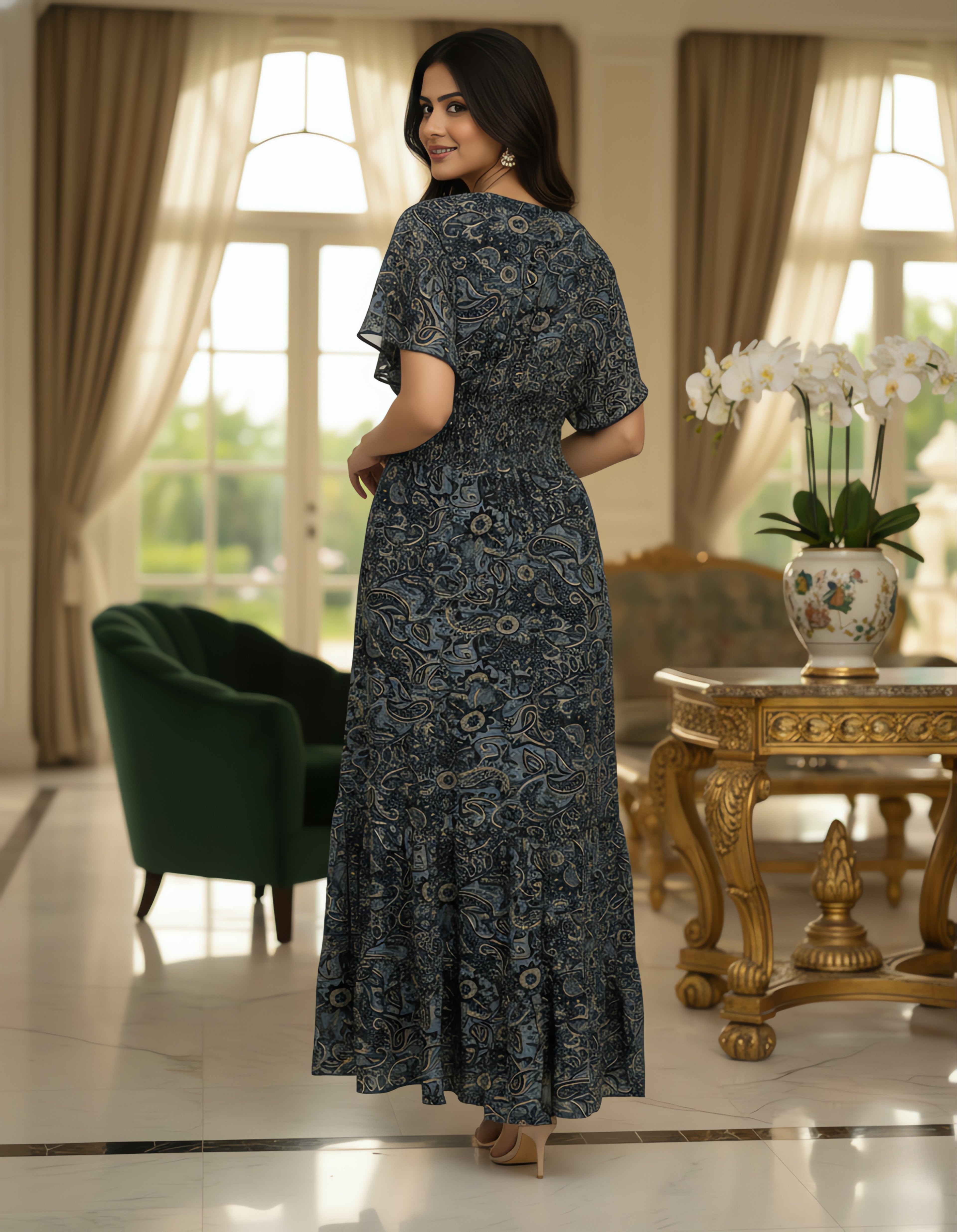 Viigobella Kasturi Silk  Paisley Printed Smocked Waist Maxi Dress