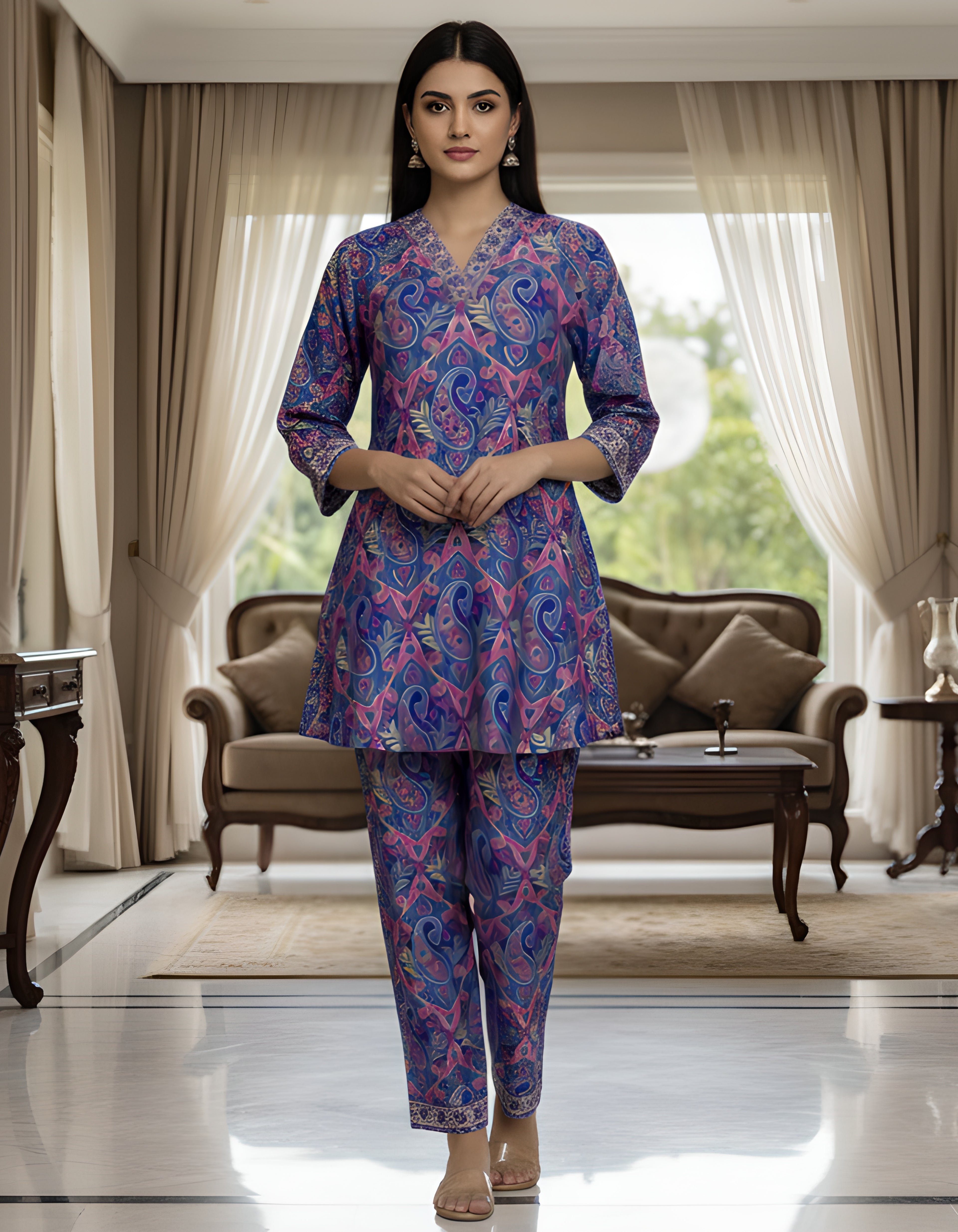 Premium Paisley Print Kasturi Silk Co-ord Set with Designer Neck & Cuff Detailing