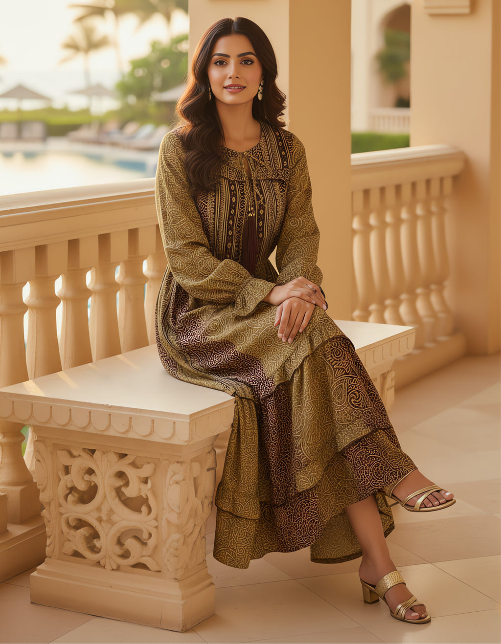 Viigobella Premium Kasturi Silk Printed Tiered Maxi Dress with Tassel Tie-Up