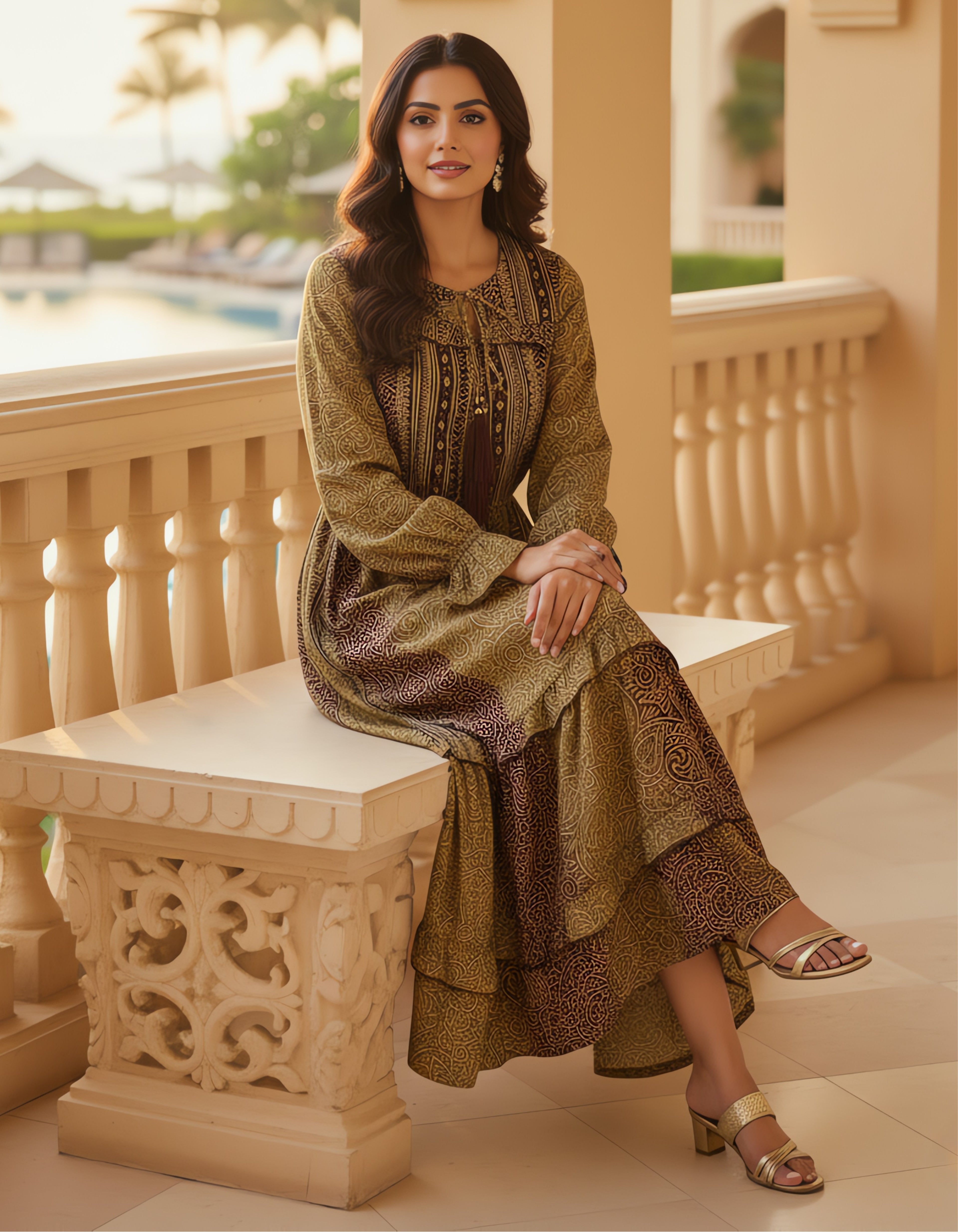 Viigobella Premium Kasturi Silk Printed Tiered Maxi Dress with Tassel Tie-Up