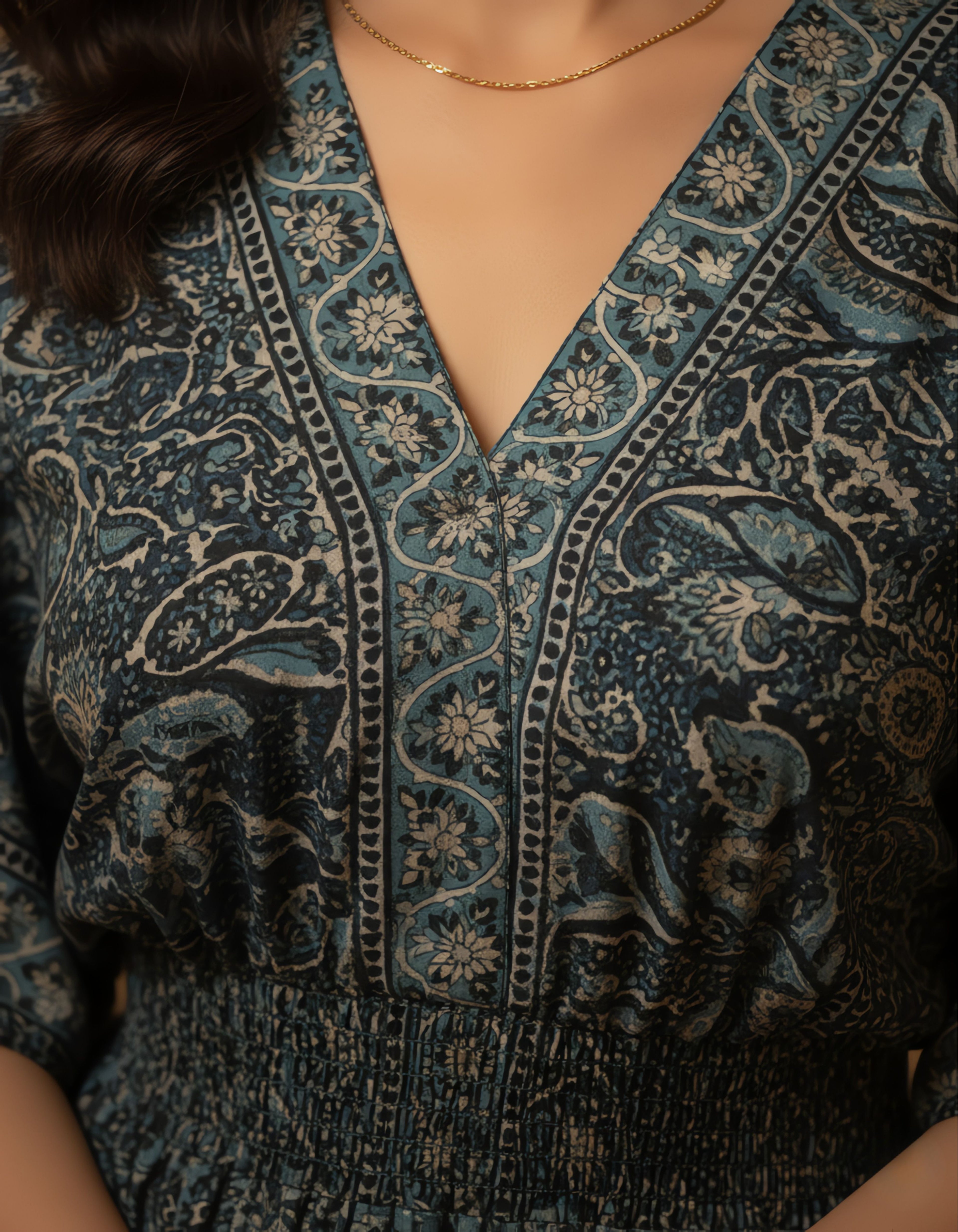 Viigobella Premium Kasturi Silk Printed Maxi Dress with Smocked Waist