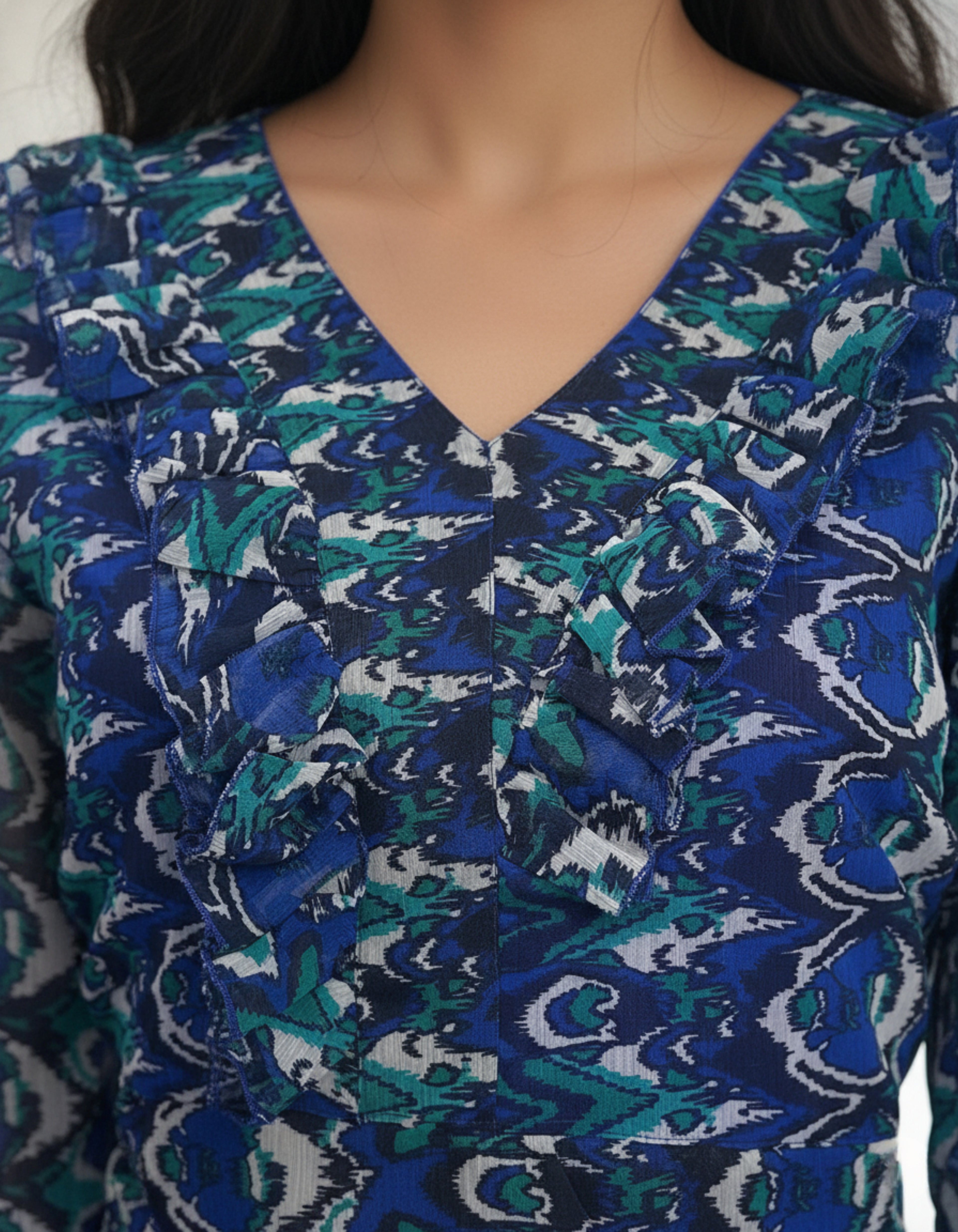 Blue Abstract Print Georgette Crop Top with Flounce Sleeves | Viigobella