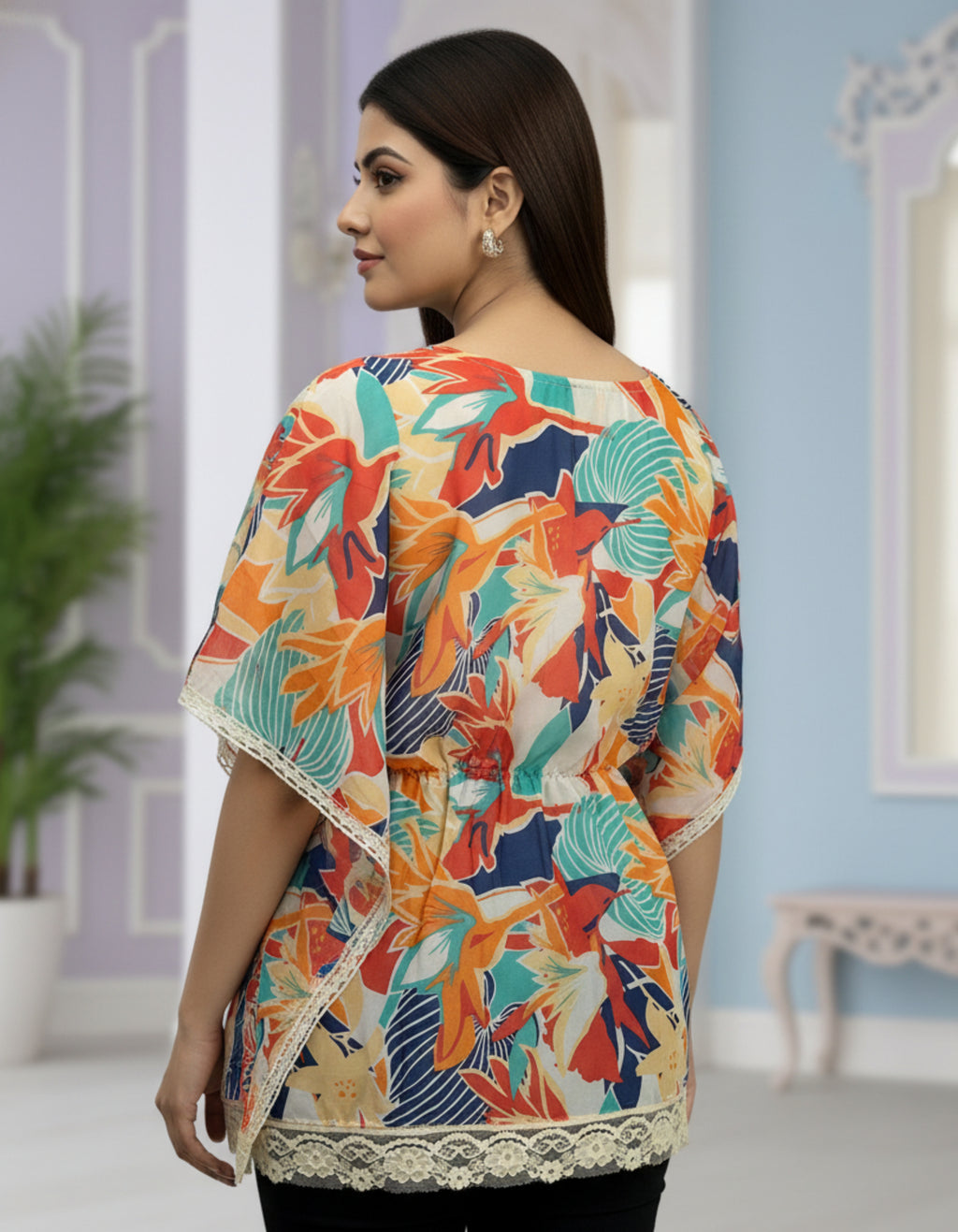 Vibrant Floral Georgette Kaftan Top with Lace Border | Viigobella