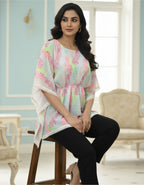Pastel Floral Georgette Kaftan Top with Lace Border | Viigobella