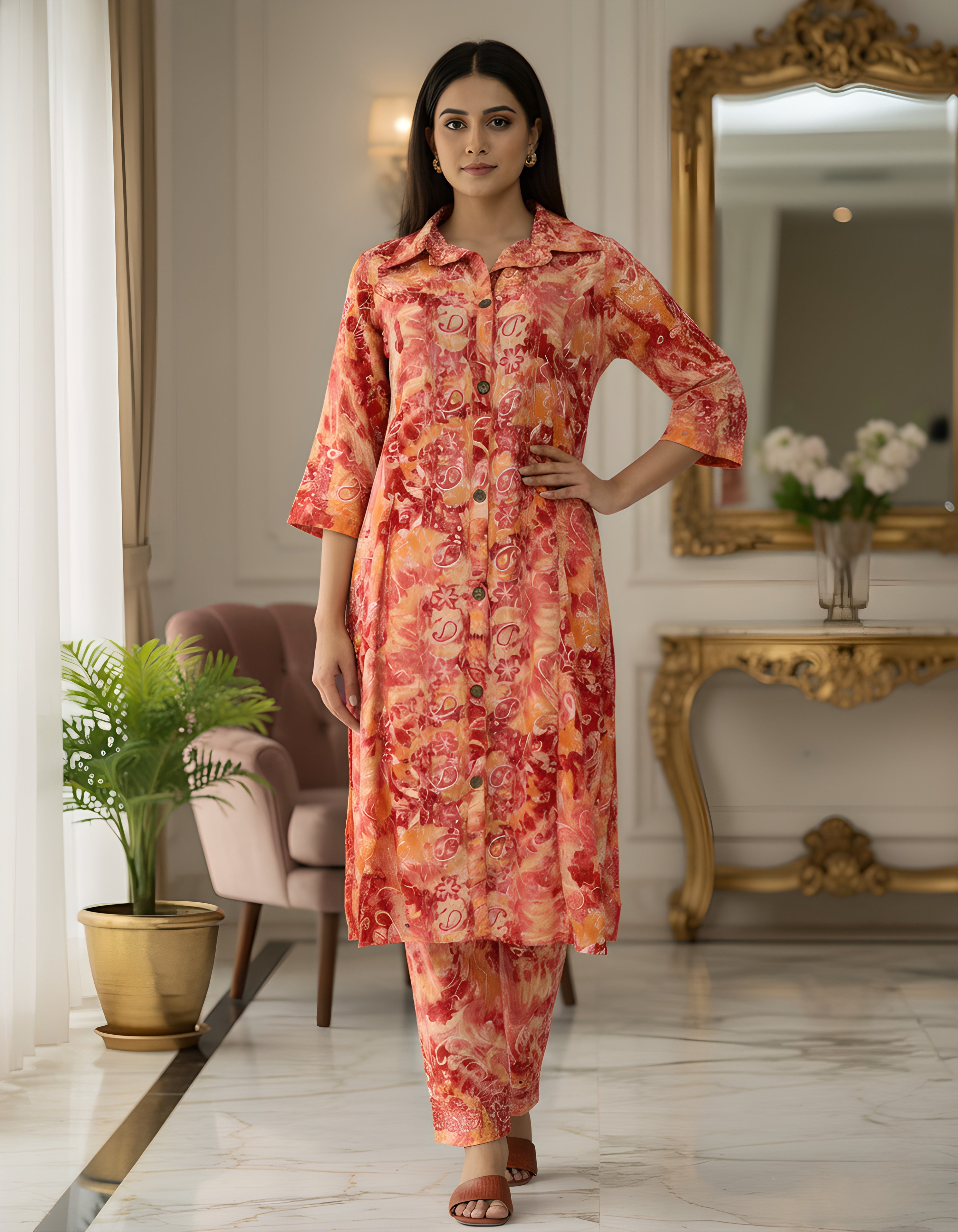 Peach Red Abstract Long Shirt Co-ord Set in Kasturi Silk – Viigobella