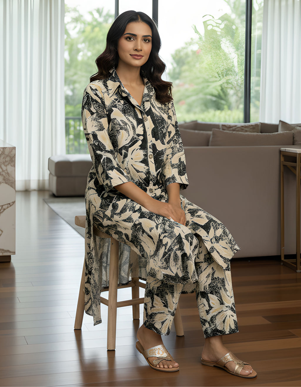 Black & Cream Abstract Long Shirt Co-ord Set in Kasturi Silk – Viigobella