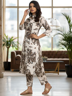 Brown Abstract Floral Long Shirt Co-ord Set for Women