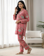 Pink & Aqua Printed Kasturi Silk Cord Set for Women