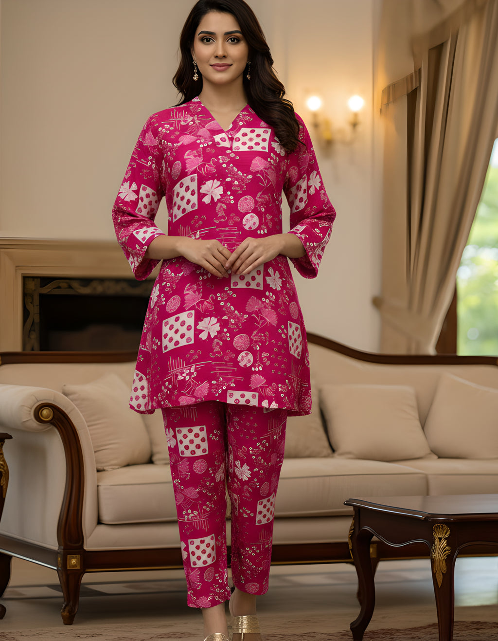 Pink Printed Cotton Kurta Pant Set for Women